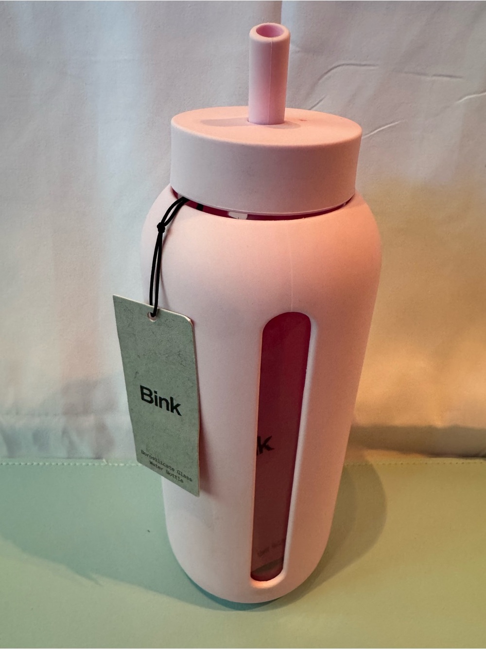 Bink Pink Silicone Straw Glass Water Bottle